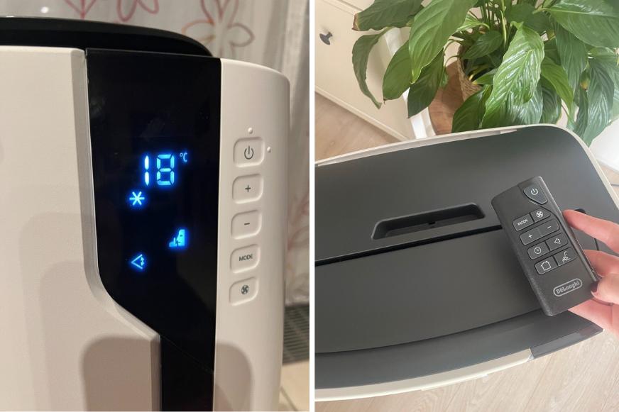 Das Bedienfeld einer De’Longhi Klimaanlage ist in der Nahaufnahme zu sehen und die Fernbedienung wird in der Hand gehalten.